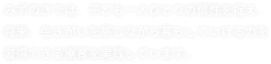 みずのきでは、子ども一人ひとりの個性を捉え、将来、生きがいを感じながら暮らしていける力を習得できる療育を実践しています。